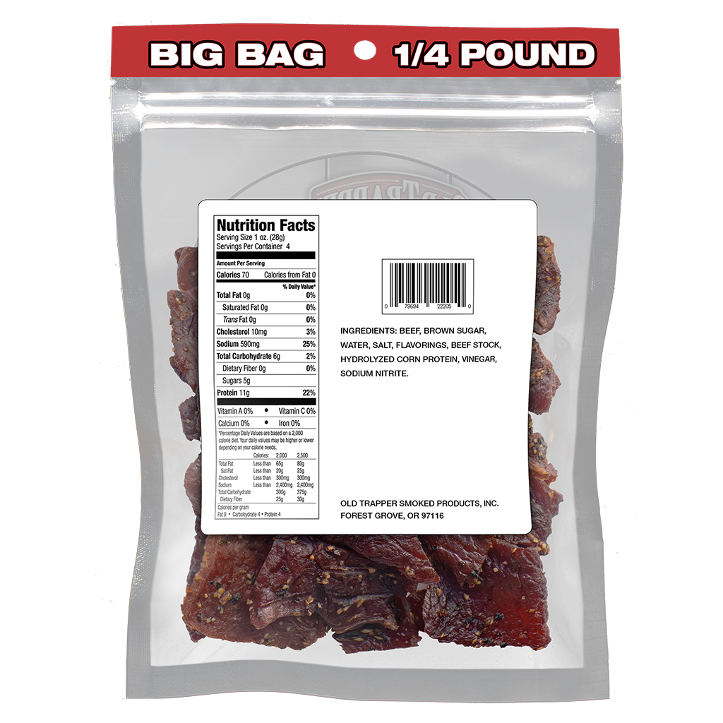 Old Trapper Peppered Jerky | 1/4 lb Package Back